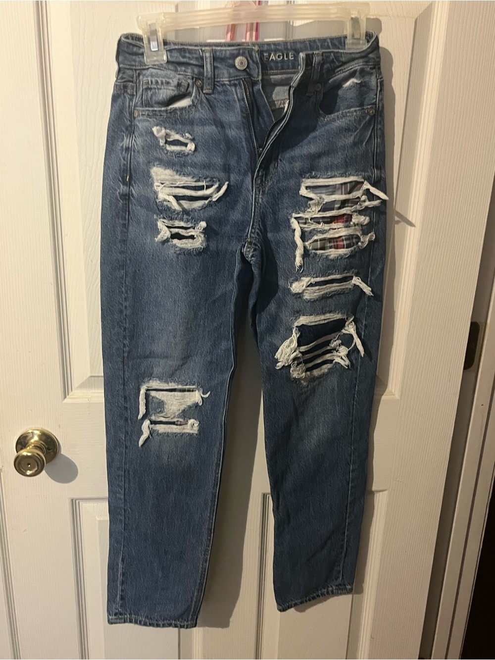 American Eagle Outfitters Blue Distressed Plaid-Back Boyfriend Jeans